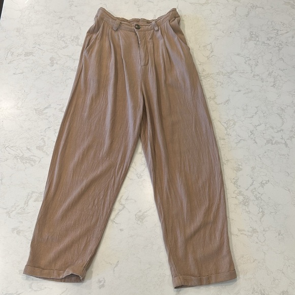 MABLE Women's Wide Leg Linen Blend Tan Pants Cuffed Pleated Medium - Picture 6 of 16